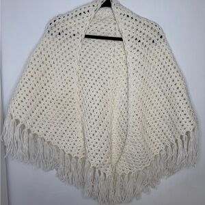 Vintage Handmade Cream Crochet Fringe Shawl